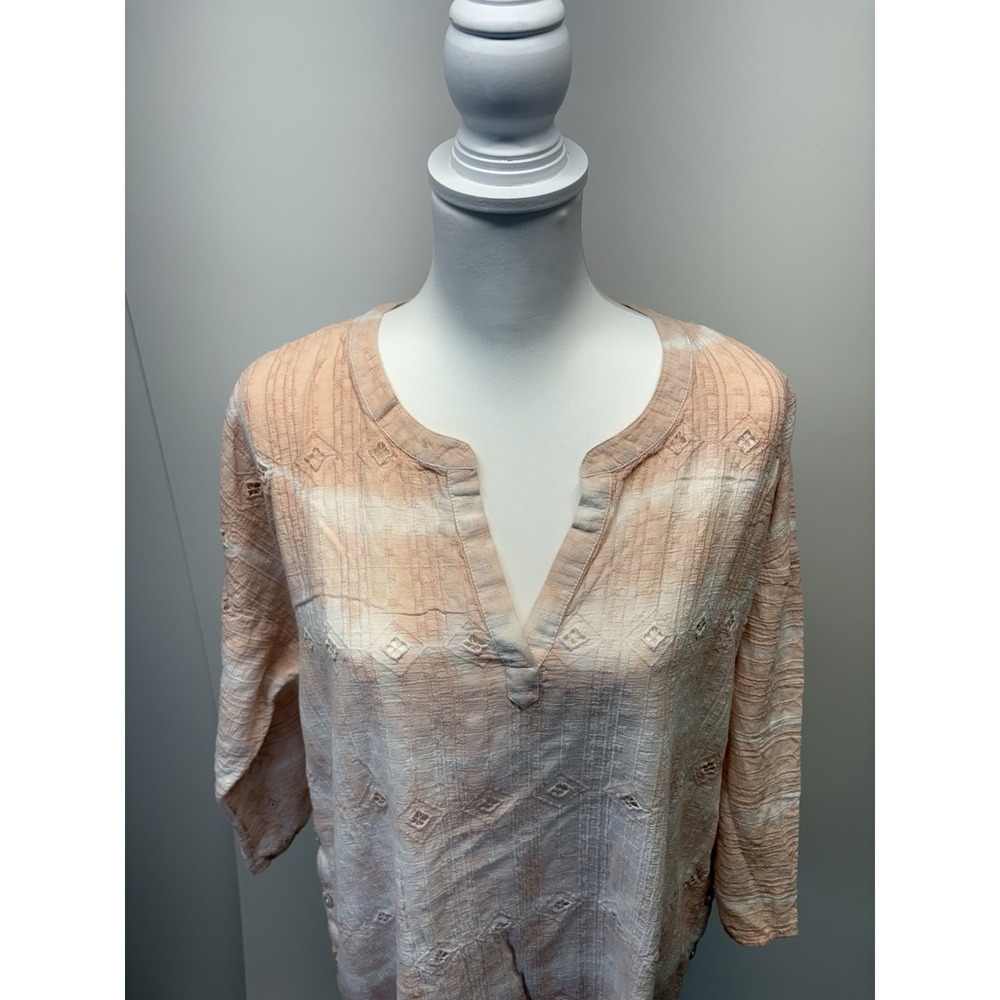 J Jill Large Beige Tie Dye Long Sleeve Eyelet Shirt - Picture 2 of 8
